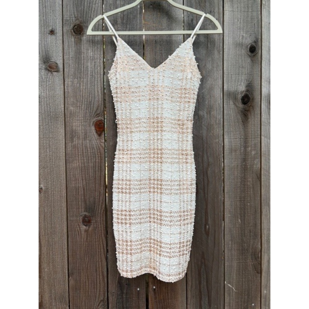Curve Kimcine Dress Size S White Gold Plaid Sleeveless Mini Bodycon Party